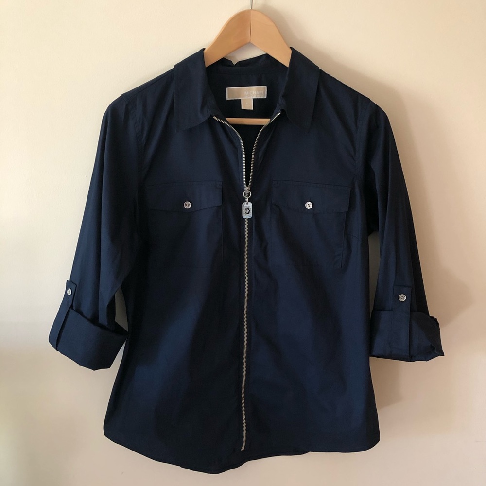 Michael Kors Zip Front Utility Shirt Navy cotton